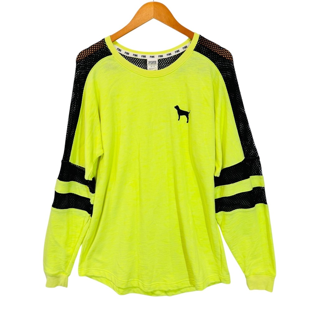 Victoria's Secret PINK Spirit Shirt Womens M‎ Neon Yellow Black Mesh Varsity Y2K